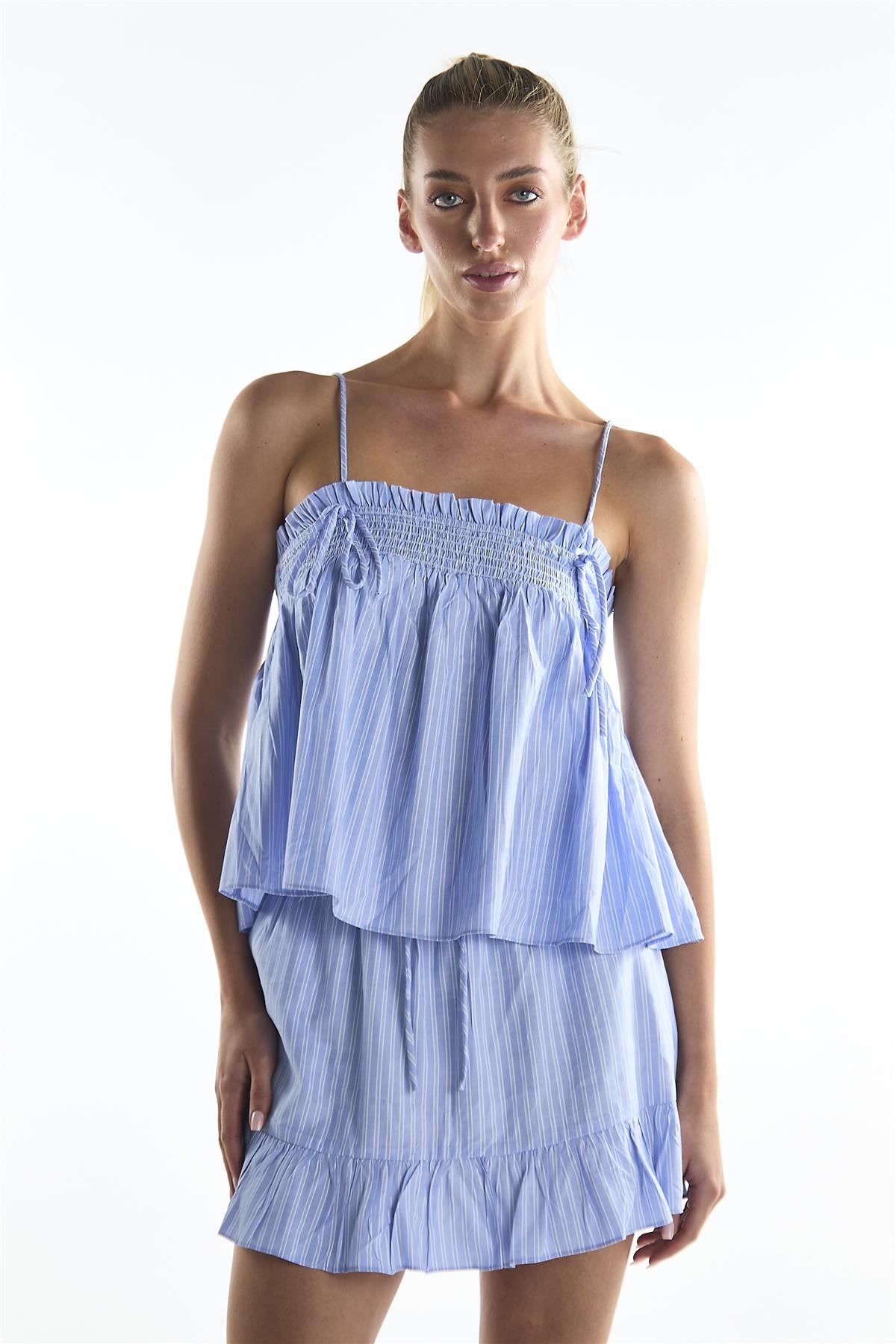Blue White Ticking Peplum Mini Skirt
