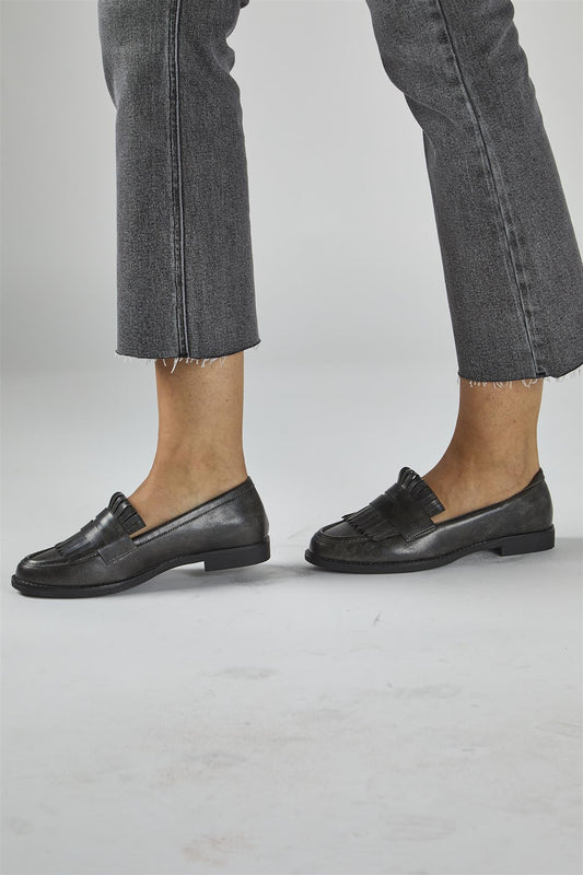 Black PU Fringe Loafer Shoes