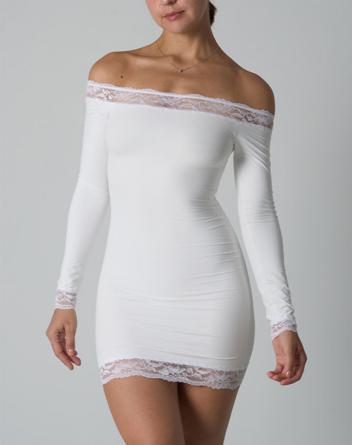 Agon White Off-The-Shoulder Lace-Trim Mini Dress