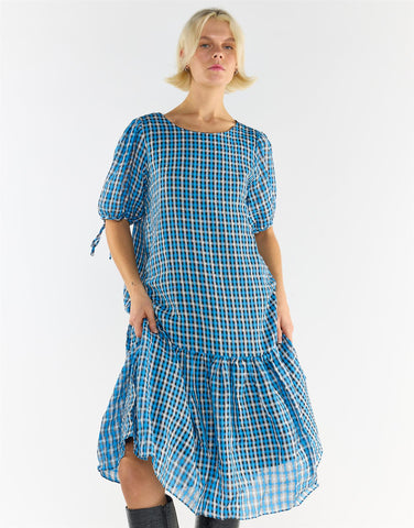 Puff Sleeves Tiered Midi Dress - Blue Multi Check