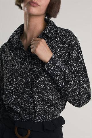 Miniature-Heart-Print Button-Front Long Sleeve-Top
