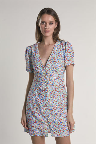 Blue-Red-Ditsy Button-Front Mini-Dress