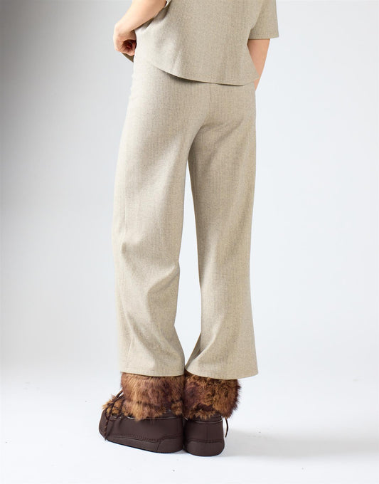 Khaki Marl Fine-Ribbed Wide Straight Trousers