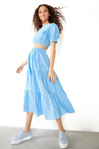 Cornflower Blue Tiered Midi Skirt