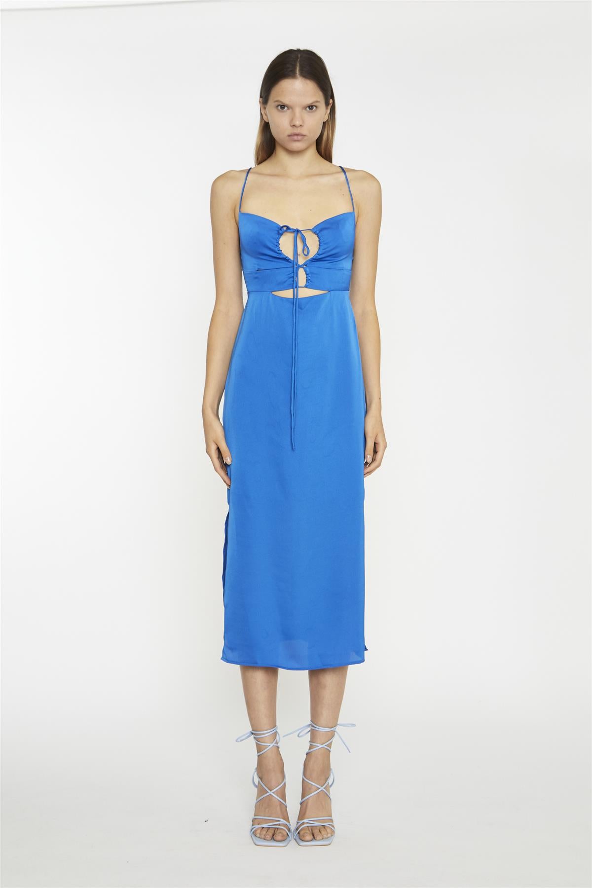 Scoop Neck Slip  Midi Dress - Blue Sateen