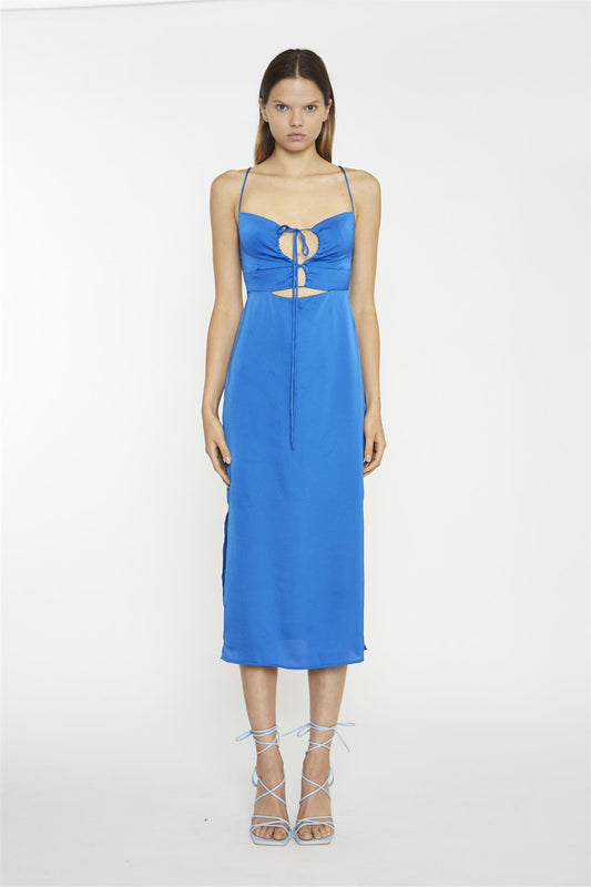 Scoop Neck Slip  Midi Dress - Blue Sateen