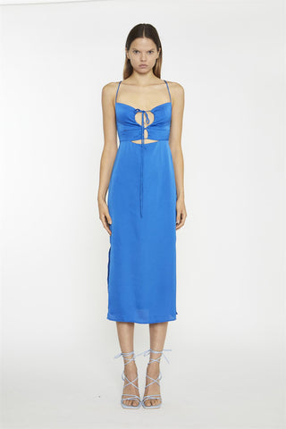 Scoop Neck Slip  Midi Dress - Blue Sateen