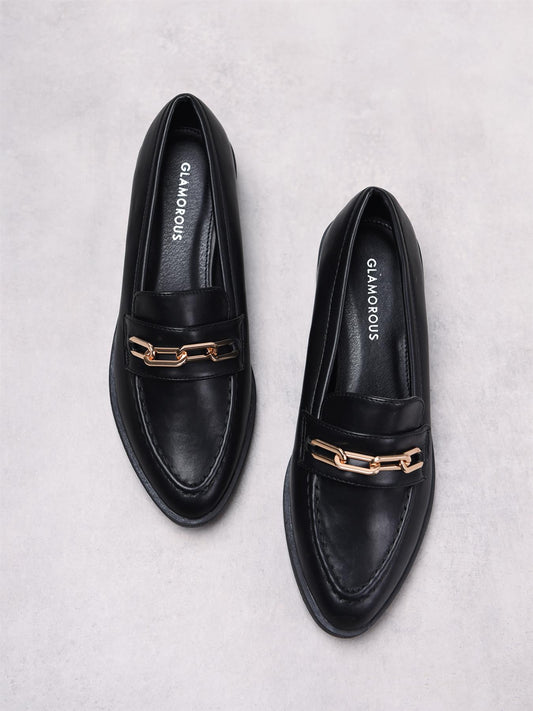 Black PU Gold Chain Detail Loafers