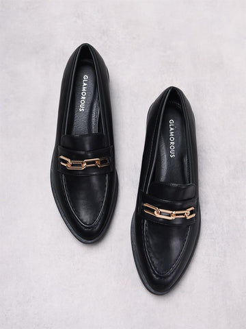 Black PU Gold Chain Detail Loafers