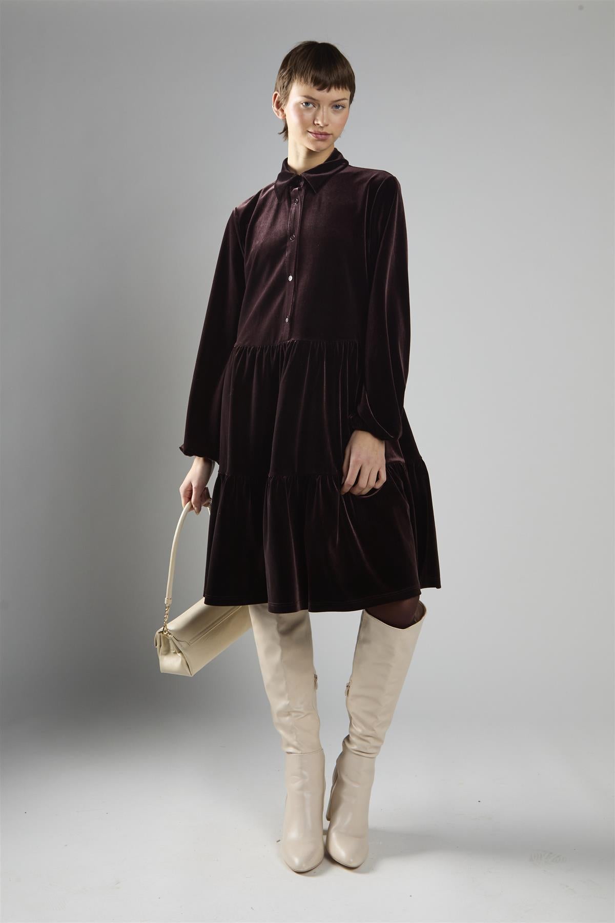 Brown Velvet A-Line Long Sleeve Midi Dress