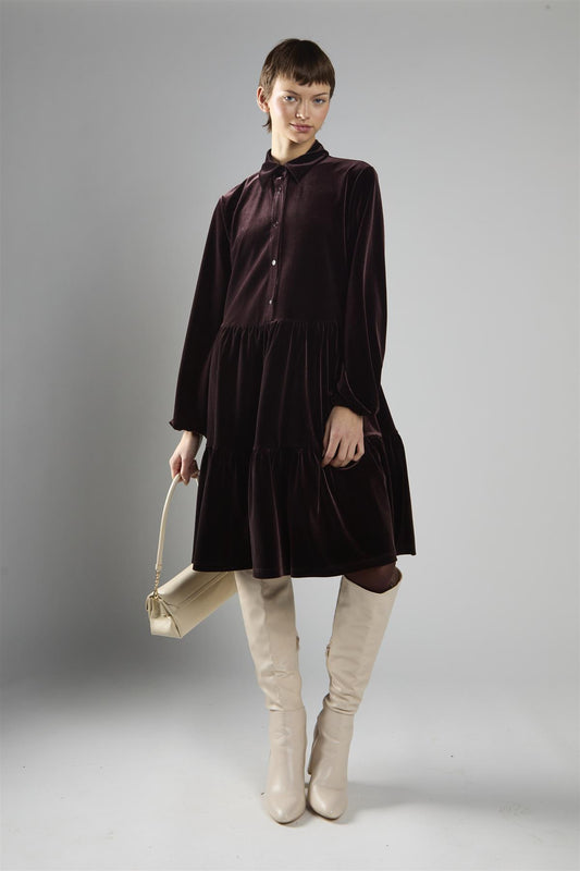 Brown Velvet A-Line Long Sleeve Midi Dress