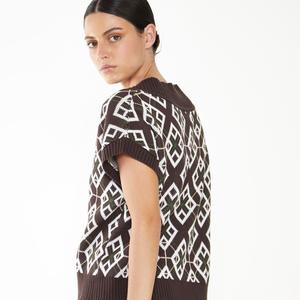 Glamorous Care Brown Geometric Print V-Neck Top