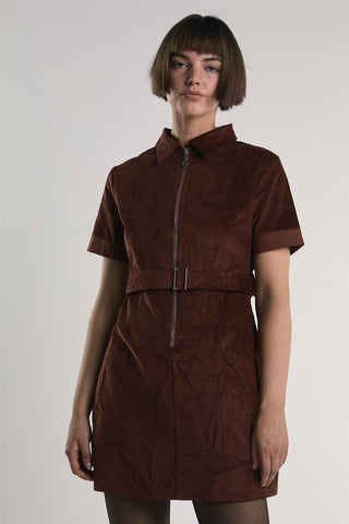 Rust-Corduroy Half-Sleeve Mini-Dress