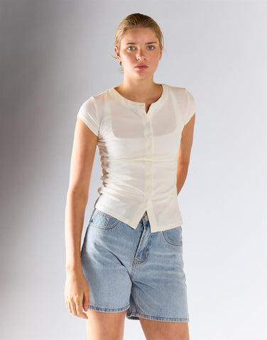 White Knitted Button Front Top