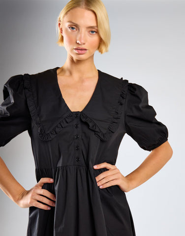 Black V-Neck Ruffle Collar Midi Dress