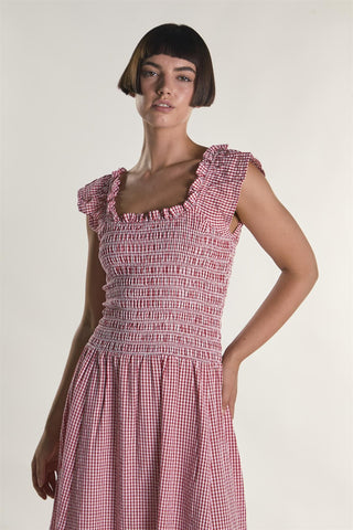 Red Gingham Frill Sleeve Maxi Dress