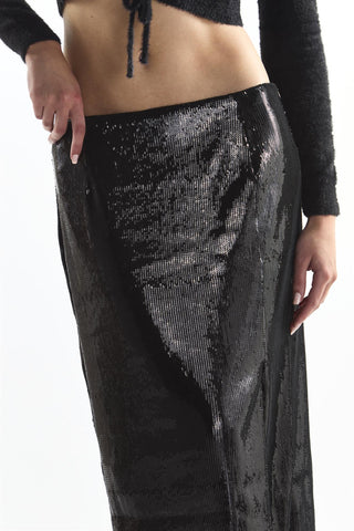 Black Sequin Leg-Split Midi Skirt