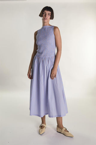Blue Orange Stripe Slash Neck Shirring Midaxi Dress