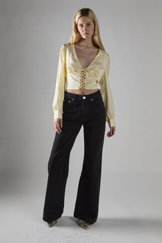 Cream-Sateen Lace-Up-Front Crop-Top