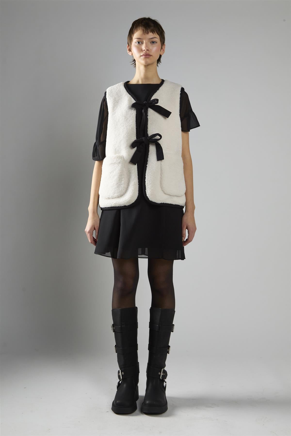 Cream Black Front Tie Sherpa Gilet