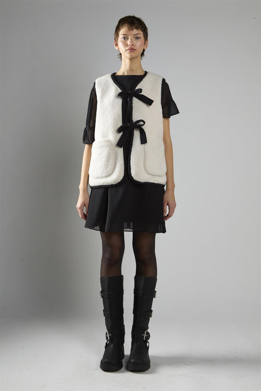 Cream Black Front Tie Sherpa Gilet