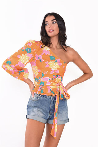Orange Floral One Shoulder Tie Top