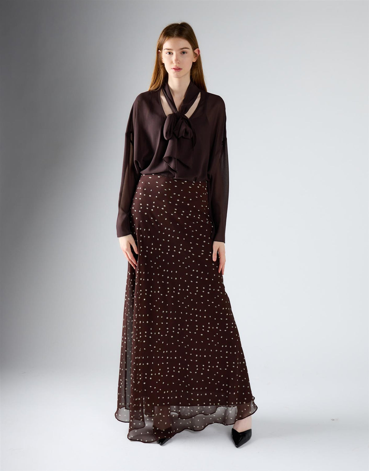 Brown Cream Spot Chiffon Maxi Skirt