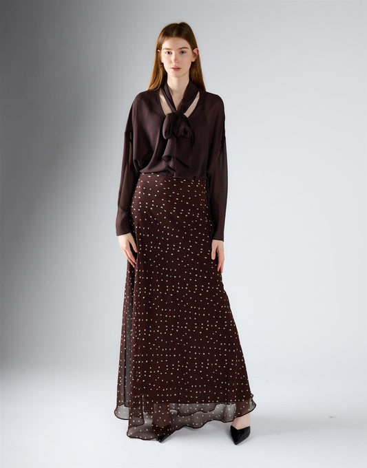 Brown Cream Spot Chiffon Maxi Skirt
