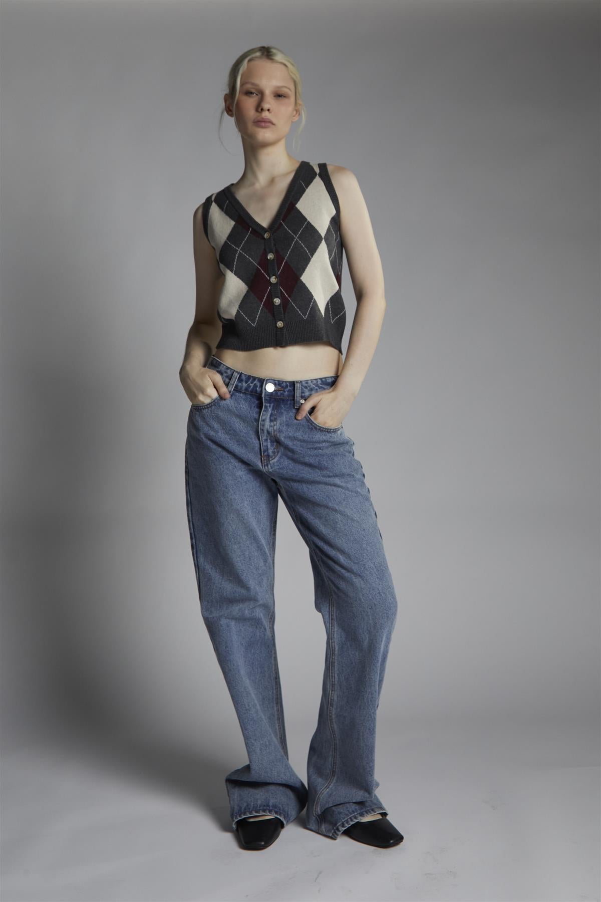Charcoal-Argyle Button-Front-Vest Crop-Top