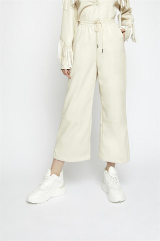 Cream-Pu Wide-Leg-Trousers