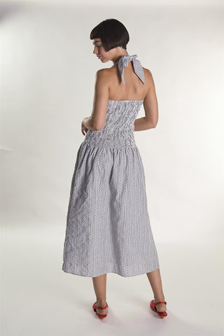 Cherry Stripe Halter Tie Neck Midaxi Dress
