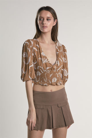 Brown Paisley Puff Sleeve V Neck Crop Top