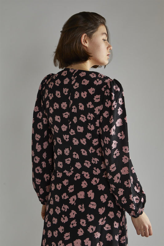 Black-Pink-Splodge Long-Sleeve-Button-Front V-Neck-Blouse