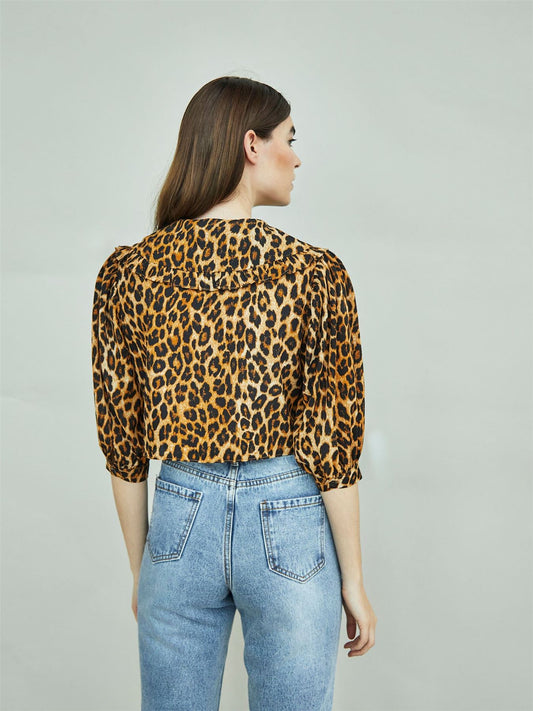 Leopard Print Long Sleeve High Neck Crop Top