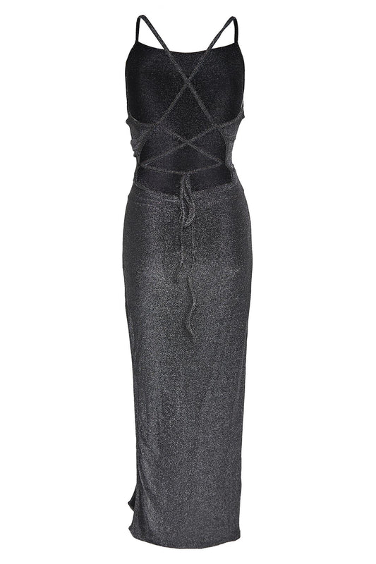 Black-Silver Glitter Strappy-Back Maxi-Dress