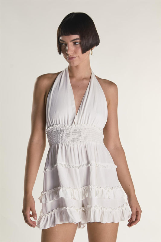 Off White Halter Tie Neck Frill Playsuit