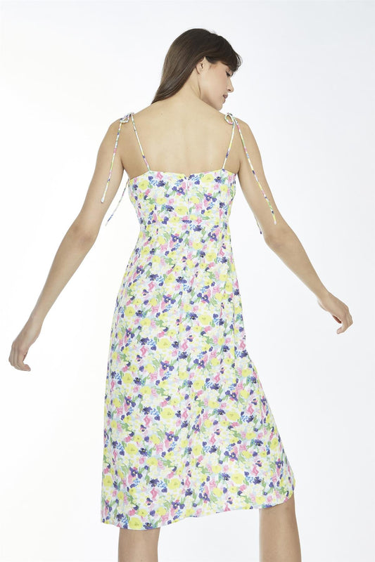 Bright-Watercolour Floral Milkmaid Midi-Dress