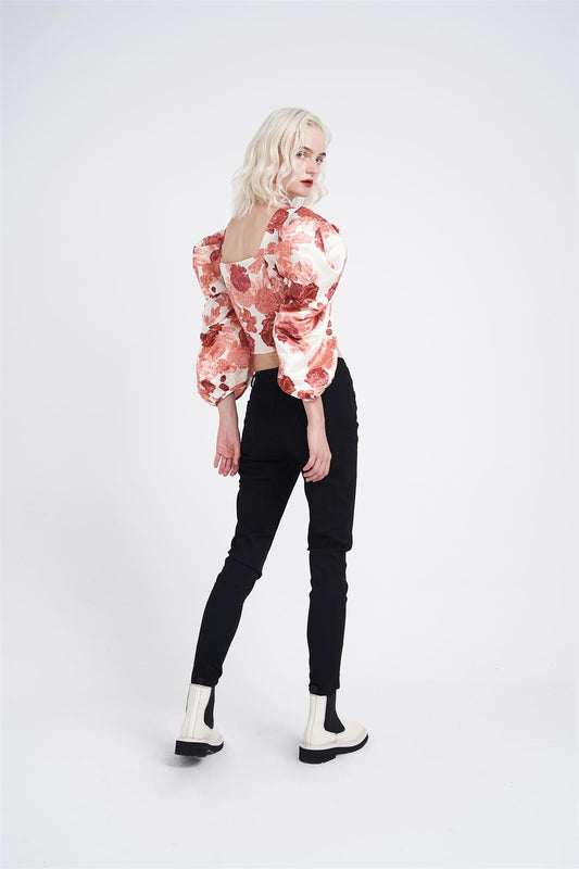 Cream-Apricot-Rose Long-Puff-Sleeve Crop-Top