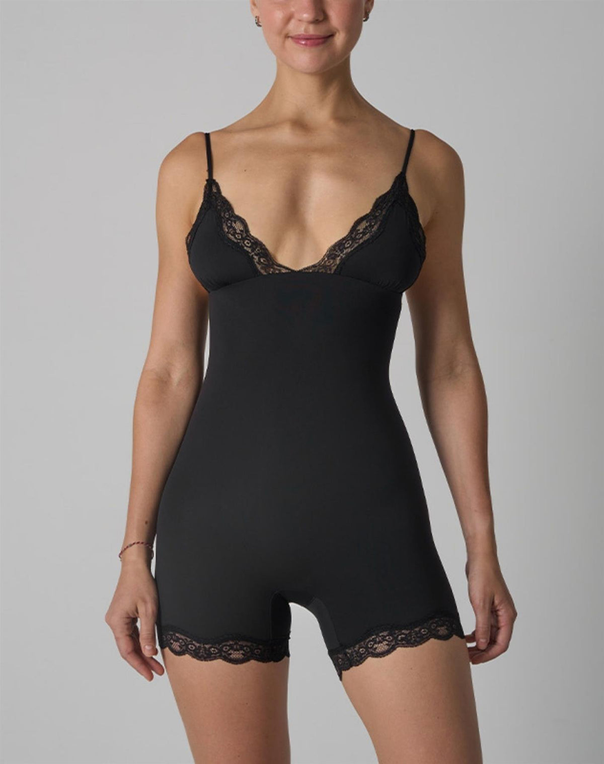 Agon Black Lace-Trimmed Deep-V Playsuit