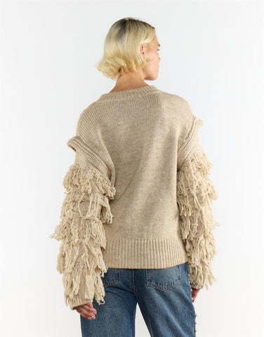 Ecru Marl Fringe Sleeve Cable Knit Jumper