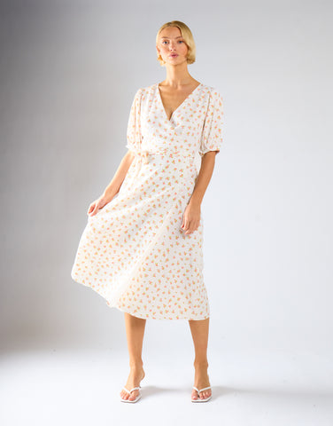 White Pink Ditsy V-neck Wrap Midi-Dress