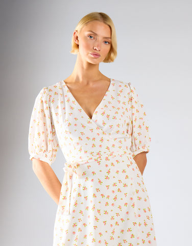 White Pink Ditsy V-neck Wrap Midi-Dress