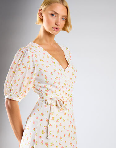 White Pink Ditsy V-neck Wrap Midi-Dress
