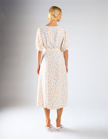 White Pink Ditsy V-neck Wrap Midi-Dress