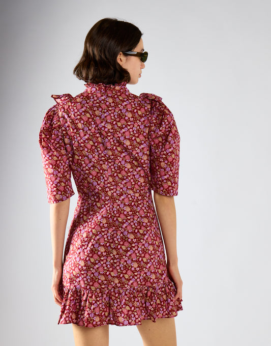 Glamorous Burgundy Chintz Floral 3/4 Length Mini Dress