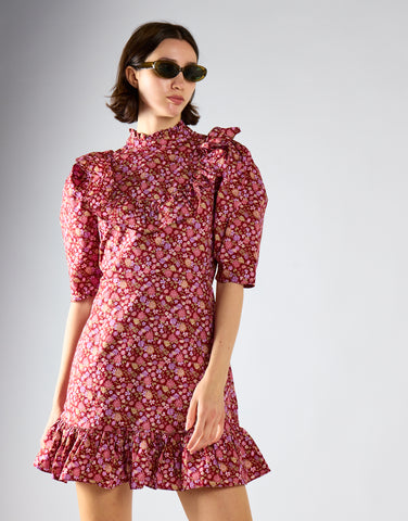 Glamorous Burgundy Chintz Floral 3/4 Length Mini Dress