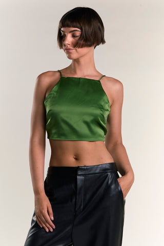 Glamorous Dark Green Satin Back Tie Crop Top