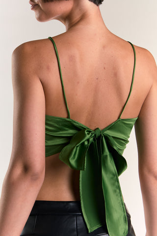 Glamorous Dark Green Satin Back Tie Crop Top