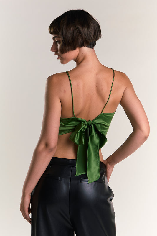 Glamorous Dark Green Satin Back Tie Crop Top