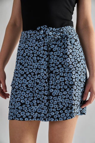 Glamorous Dusty Blue Mini Floral Belted Mini Skirt